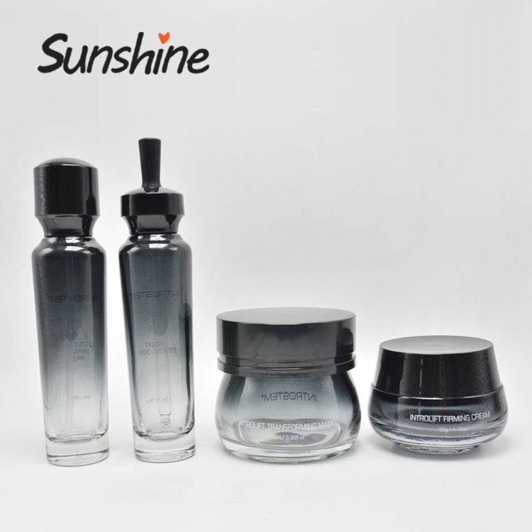 gradient black glass cosmetic bottle and cosmetic jar for cosmetics packaging