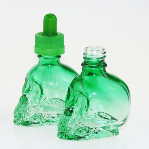 gradient ramp green skull shape glass dropper bottle wholesale with child proof cap for e-juice/e liquid bottle