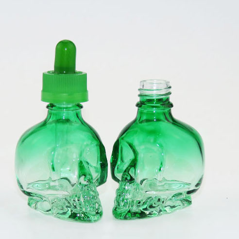 gradient ramp green skull shape glass dropper bottle wholesale with child proof cap for e-juice/e liquid bottle