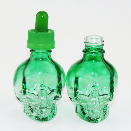 gradient ramp green skull shape glass dropper bottle wholesale with child proof cap for e-juice/e liquid bottle