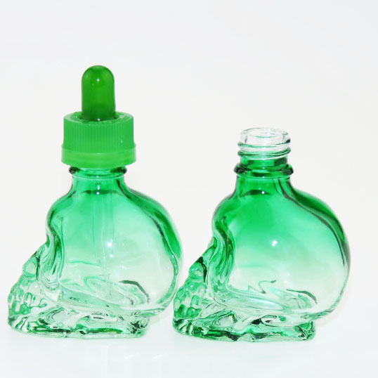 gradient ramp green skull shape glass dropper bottle wholesale with child proof cap for e-juice/e liquid bottle