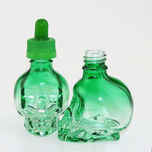 gradient ramp green skull shape glass dropper bottle wholesale with child proof cap for e-juice/e liquid bottle