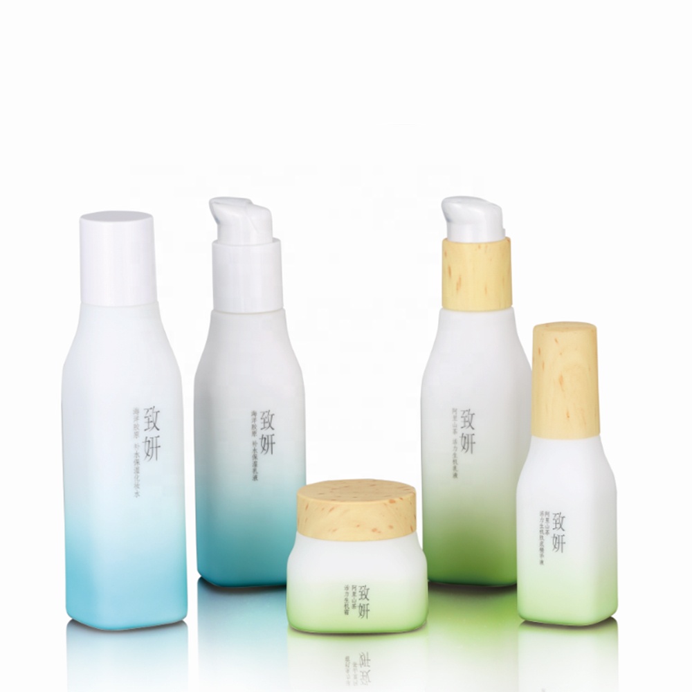 green blue glass bottle with matt finish, serum bottle and lotion bottle with bamboo pump