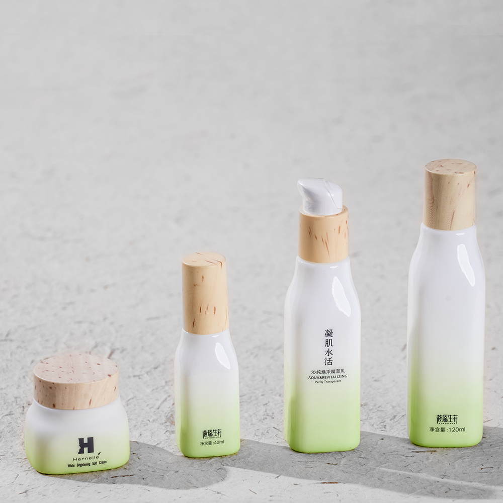 green blue glass bottle with matt finish, serum bottle and lotion bottle with bamboo pump