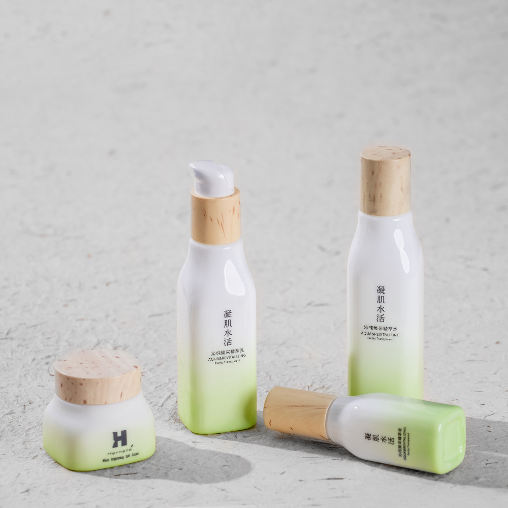 green blue glass bottle with matt finish, serum bottle and lotion bottle with bamboo pump