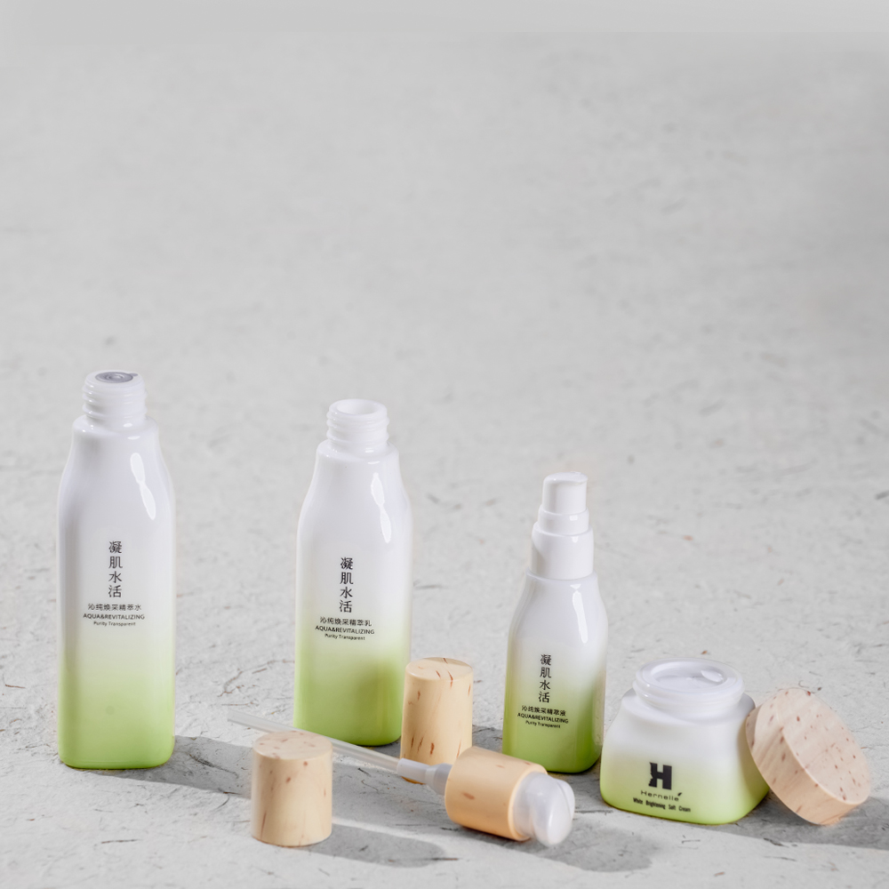 green blue glass bottle with matt finish, serum bottle and lotion bottle with bamboo pump