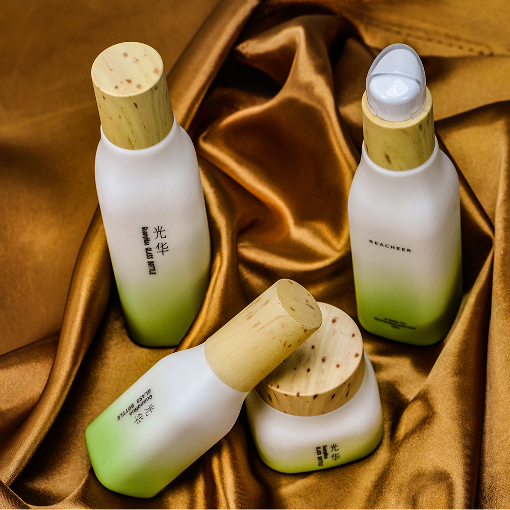 green blue glass bottle with matt finish, serum bottle and lotion bottle with bamboo pump
