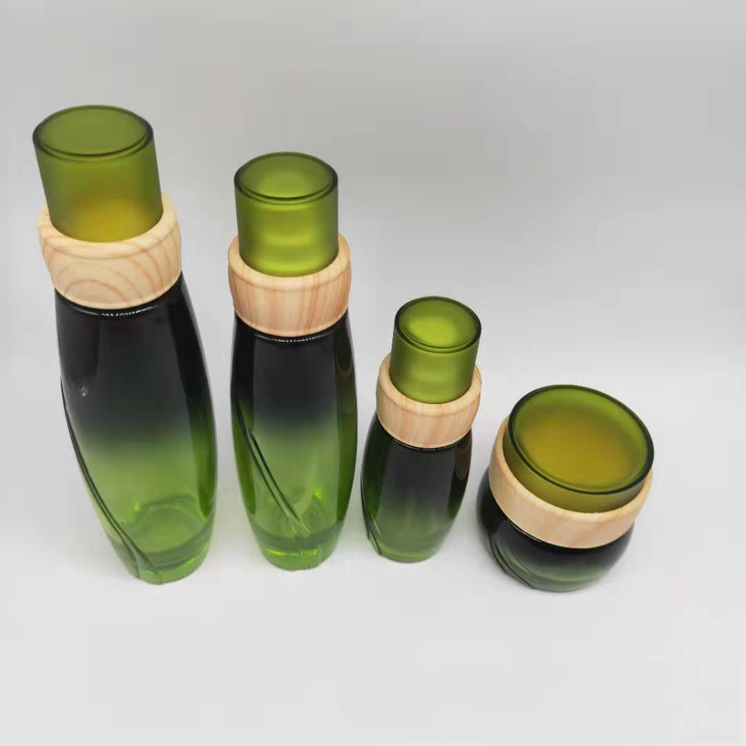 green glass container and skin caregreen glass bottle glass cream jar with bamboo wood lid