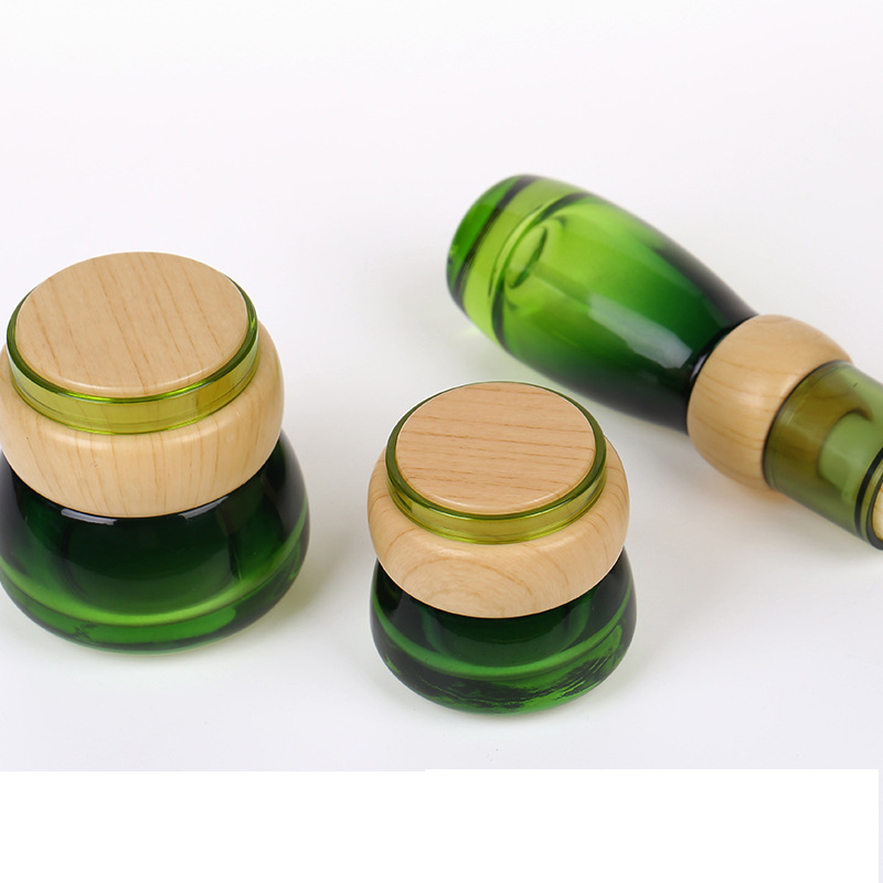 green glass container and skin caregreen glass bottle glass cream jar with bamboo wood lid