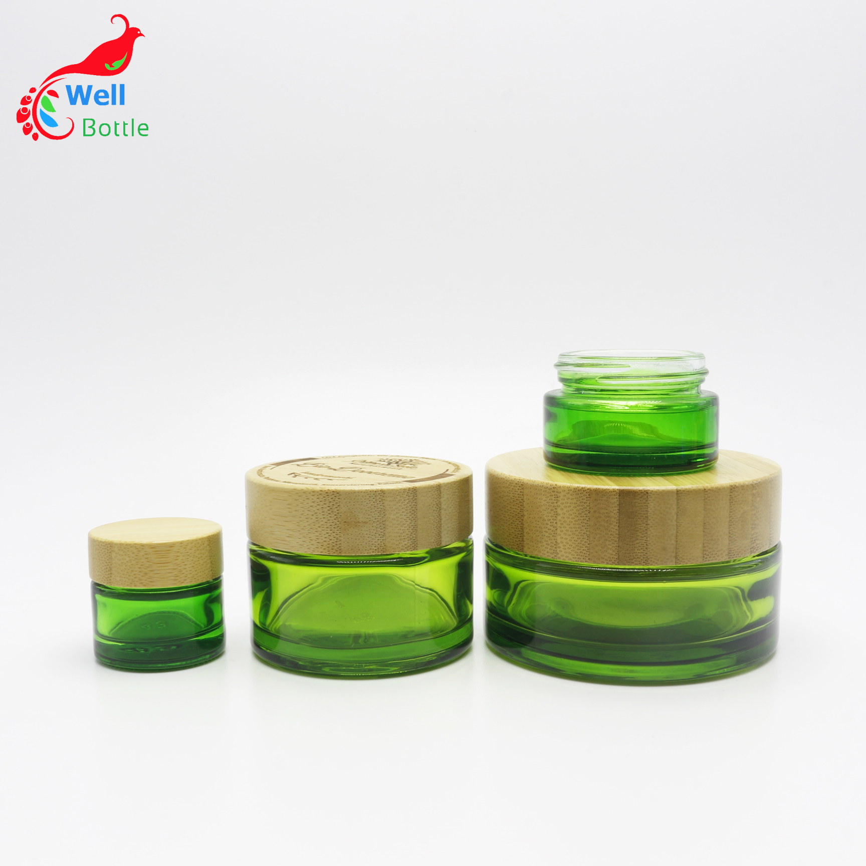 green glass jar containers bamboo cream jar 100ml green glass pot with bamboo lid J145E