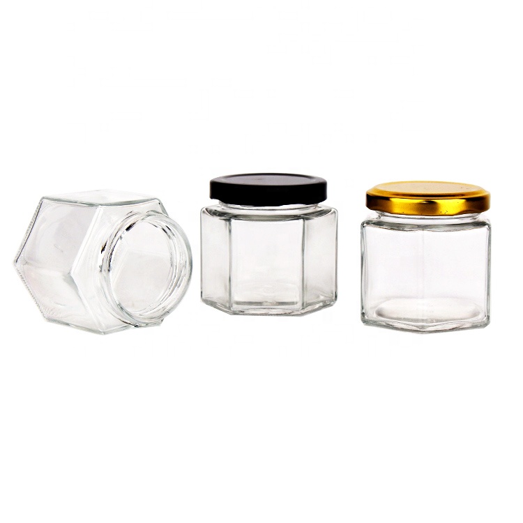 hexagon 120ml 4oz honey jam glass jar and twist off tinplate lid