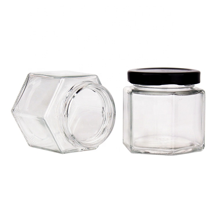 hexagon 120ml 4oz honey jam glass jar and twist off tinplate lid