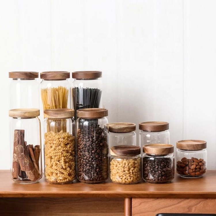 high borosilicate airtight glass jar with acacia wood lid 325ml