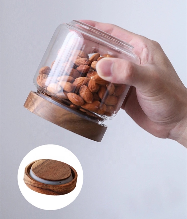 high borosilicate airtight glass jar with acacia wood lid 325ml