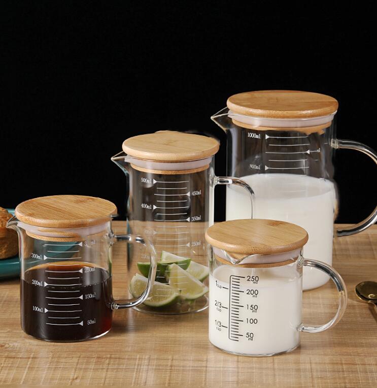 high borosilicate cheap glass measuring jar with lid bamboo