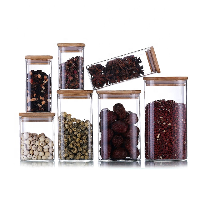 high borosilicate glass food storage bottle jars with bamboo lids square sealed canister with press wooden lid for candy tea