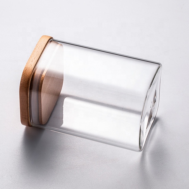 high borosilicate glass food storage bottle jars with bamboo lids square sealed canister with press wooden lid for candy tea