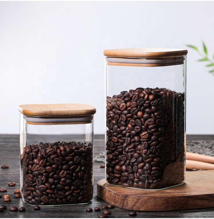 high borosilicate glass food storage bottle jars with bamboo lids square sealed canister with press wooden lid for candy tea