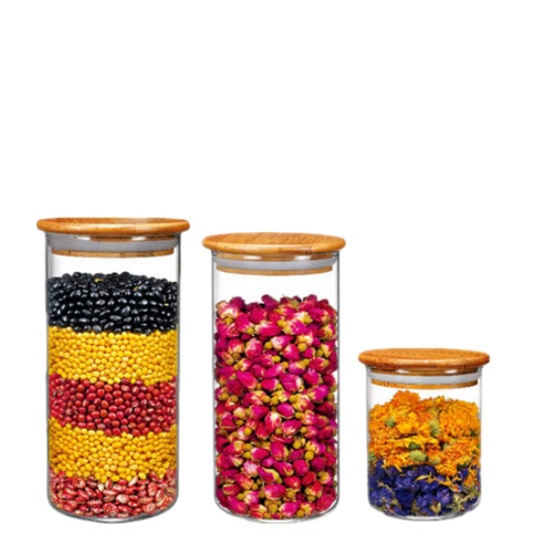 high borosilicate glass food storage jar with bamboo wooden lids