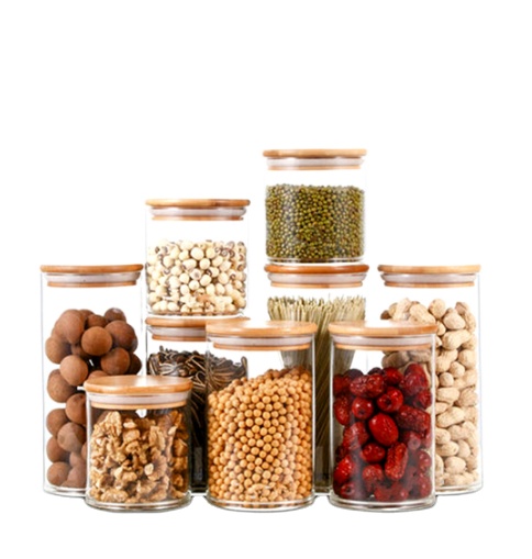 high borosilicate glass food storage jar with bamboo wooden lids