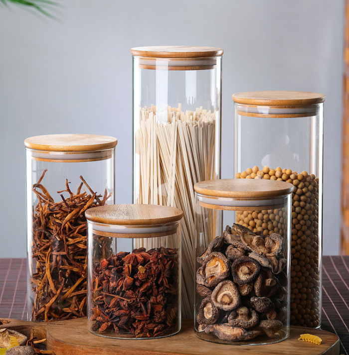 high borosilicate glass food storage jar with bamboo wooden lids