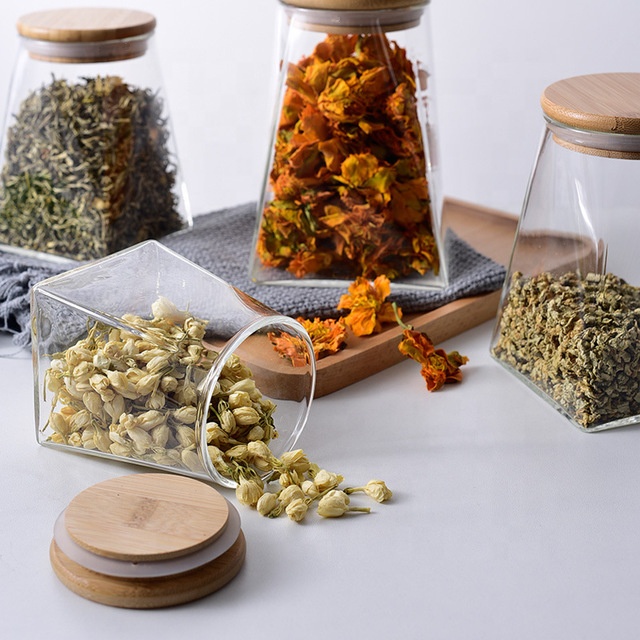 high borosilicate glass jar airtight trapezoid storage tank candy jars food canister container with bamboo lid wooden cap