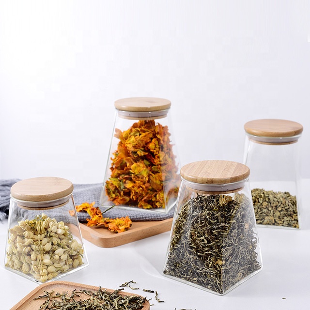 high borosilicate glass jar airtight trapezoid storage tank candy jars food canister container with bamboo lid wooden cap