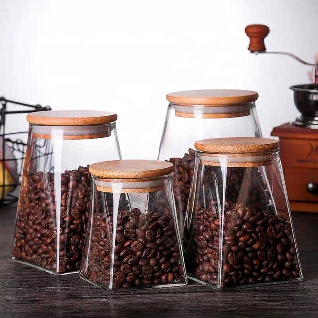 high borosilicate glass jar airtight trapezoid storage tank candy jars food canister container with bamboo lid wooden cap