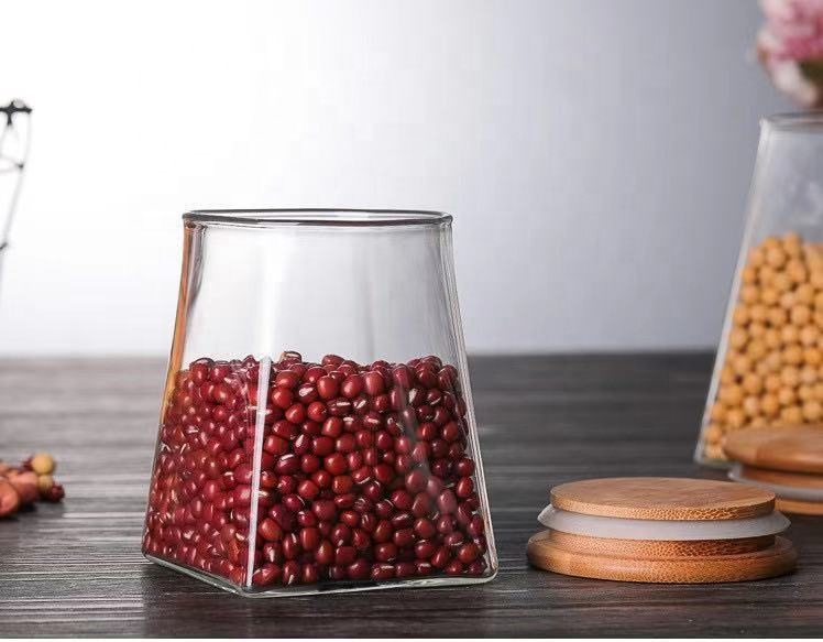 high borosilicate glass jar airtight trapezoid storage tank candy jars food canister container with bamboo lid wooden cap