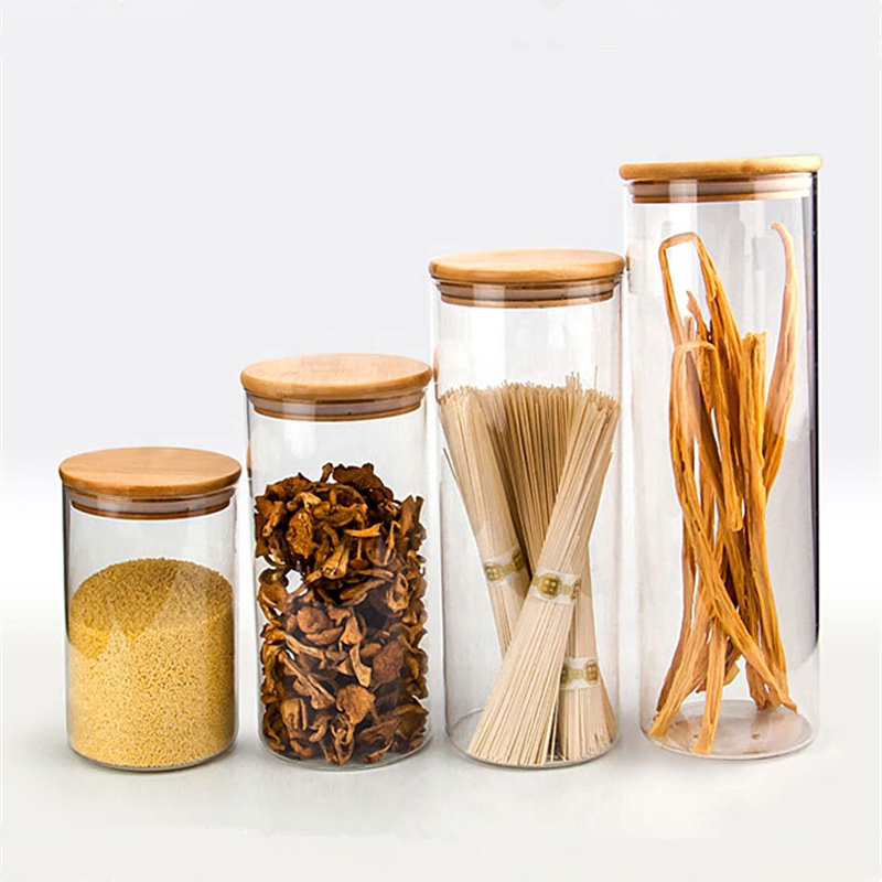high borosilicate glass storage jar airtight canister container with bamboo wooden press lid for food candy cookie honey