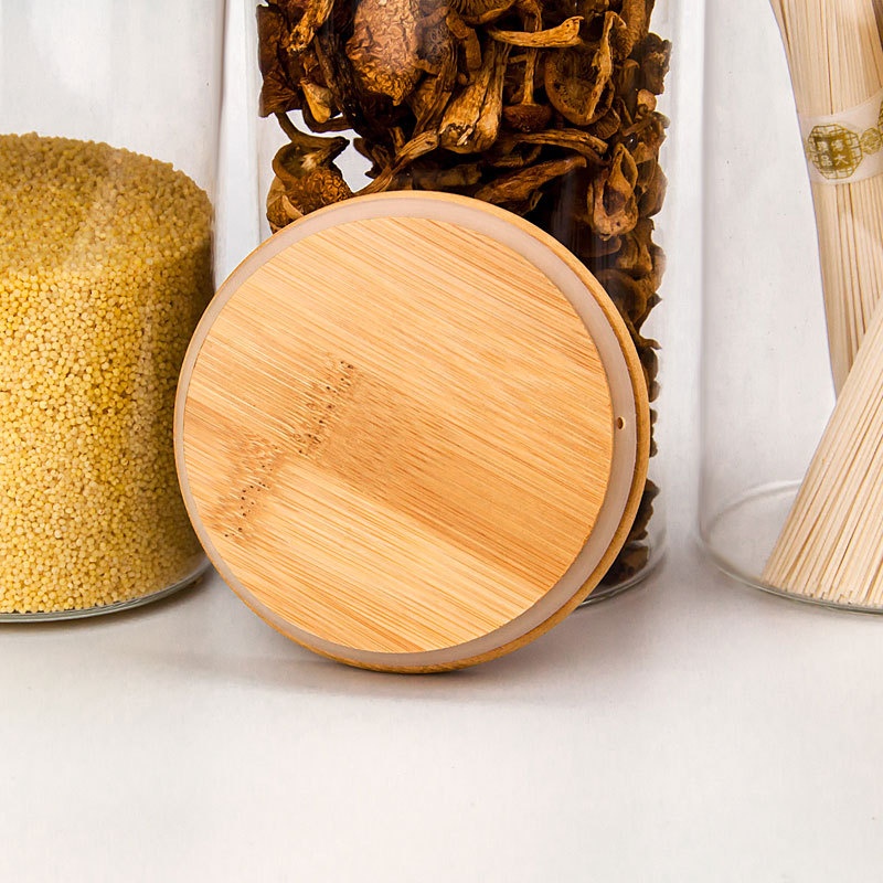 high borosilicate glass storage jar airtight canister container with bamboo wooden press lid for food candy cookie honey