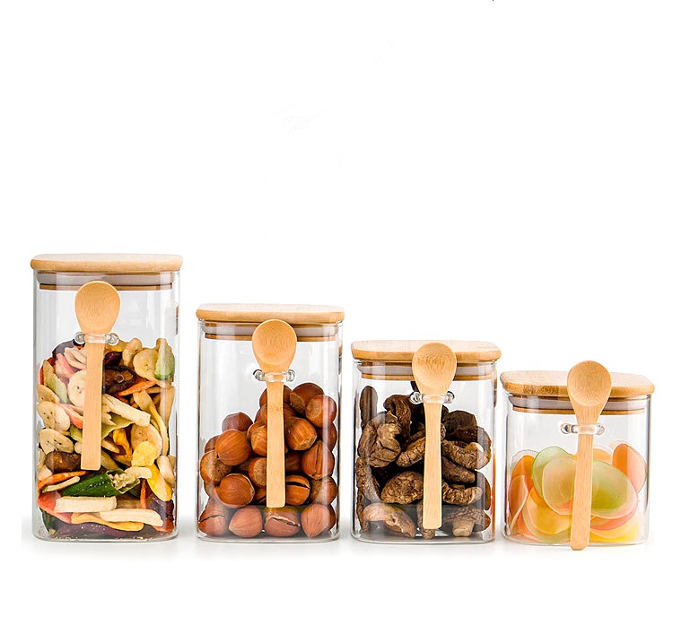 high borosilicate square glass jar kitchen storage canister with bamboo wooden lid for food honey cookie tea candy packaging