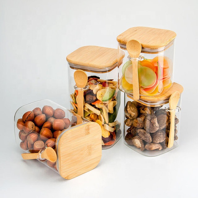 high borosilicate square glass jar kitchen storage canister with bamboo wooden lid for food honey cookie tea candy packaging