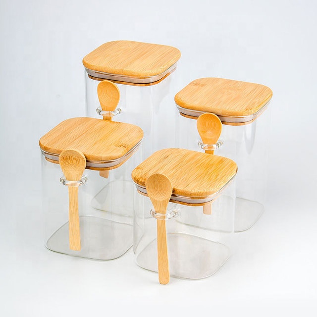 high borosilicate square glass jar kitchen storage canister with bamboo wooden lid for food honey cookie tea candy packaging