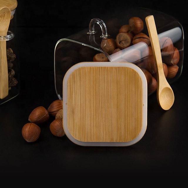 high borosilicate square glass jar kitchen storage canister with bamboo wooden lid for food honey cookie tea candy packaging