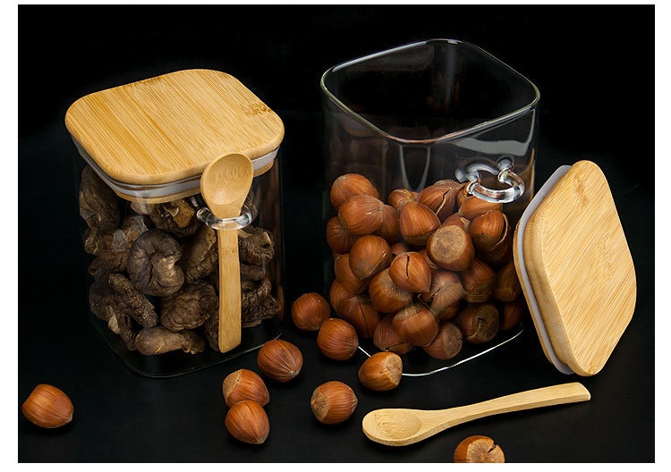 high borosilicate square glass jar kitchen storage canister with bamboo wooden lid for food honey cookie tea candy packaging