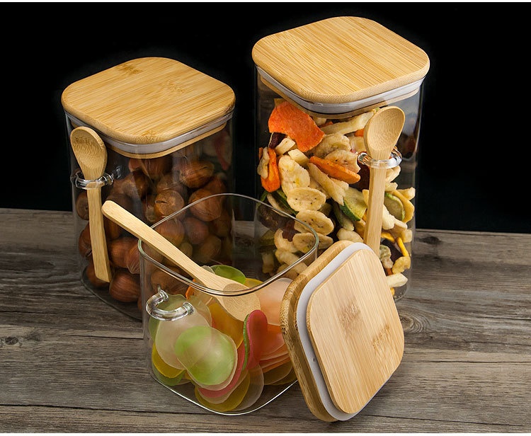 high borosilicate square glass jar kitchen storage canister with bamboo wooden lid for food honey cookie tea candy packaging