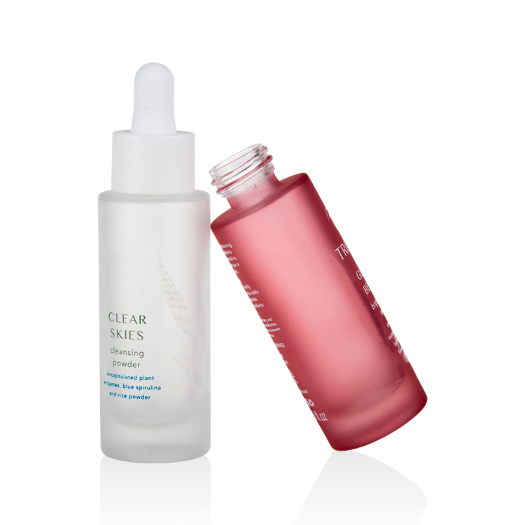 high end 1oz flat shoulder glass dropper bottle 5ml 30ml 50ml brightening serum red frosted glass bottle with white dropper cap