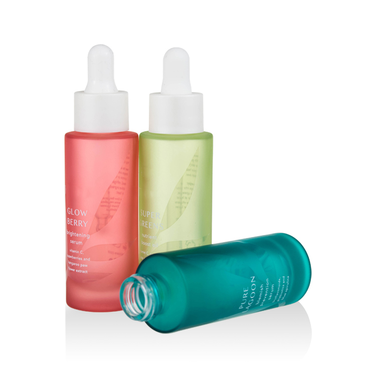 high end 1oz thick bottom flat shoulder glass bottle 5ml 30ml 50ml custom silk printing blue frosted glass dropper bottle