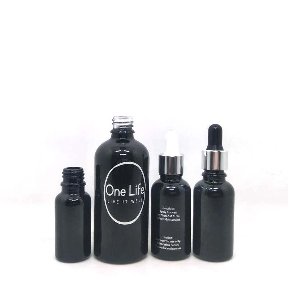 high-end black glass dropper bottle for essential oil with aluminous cap