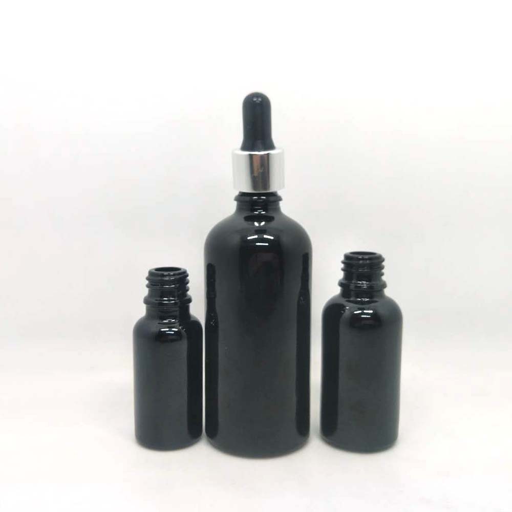 high-end black glass dropper bottle for essential oil with aluminous cap