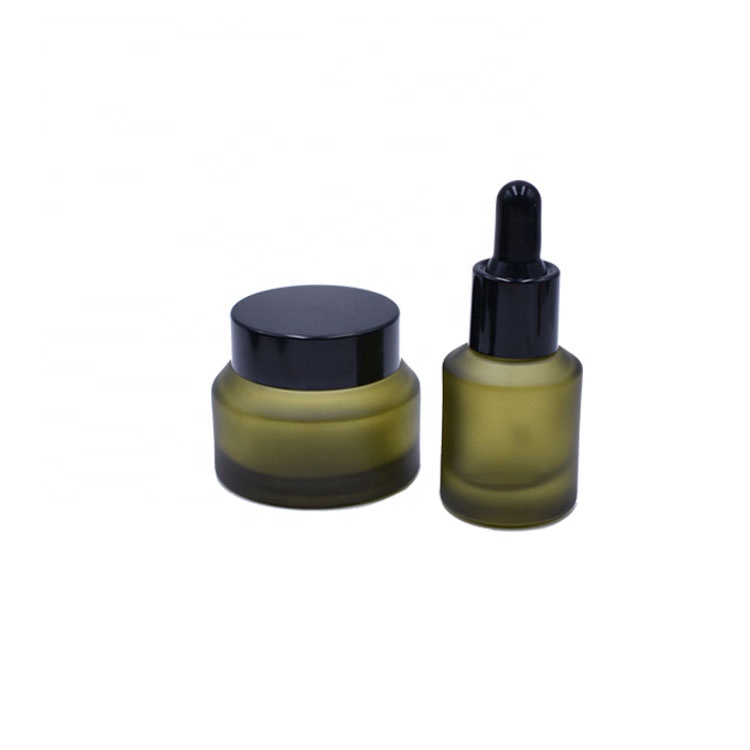 high end cosmetic frosted green amber black 0.5oz 15ml fancy essential oil glass bottle with black dropper cap