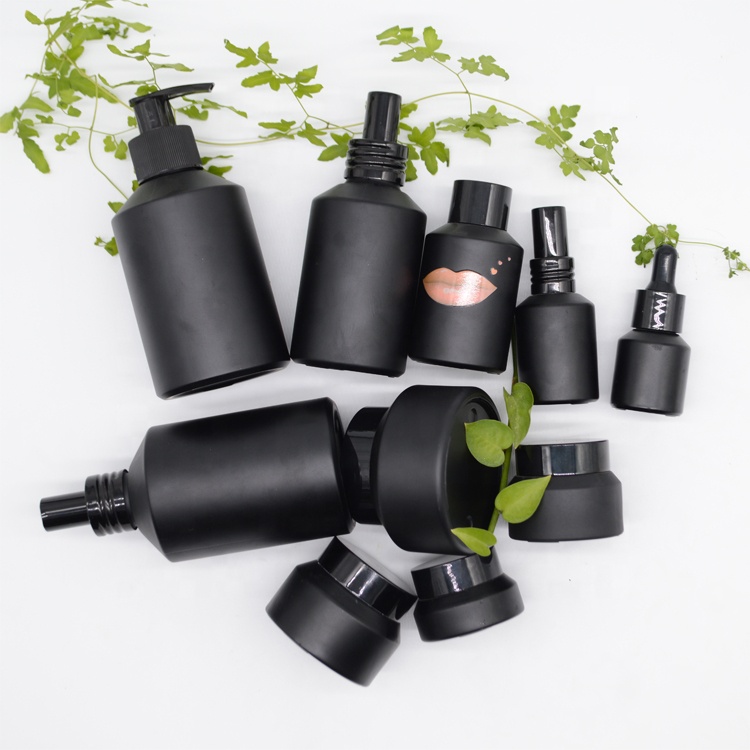 high end frosted matte black cosmetic glass bottle and jar pump bottle for lotion serum cream full set