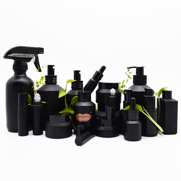 high end frosted matte black cosmetic glass bottle and jar pump bottle for lotion serum cream full set