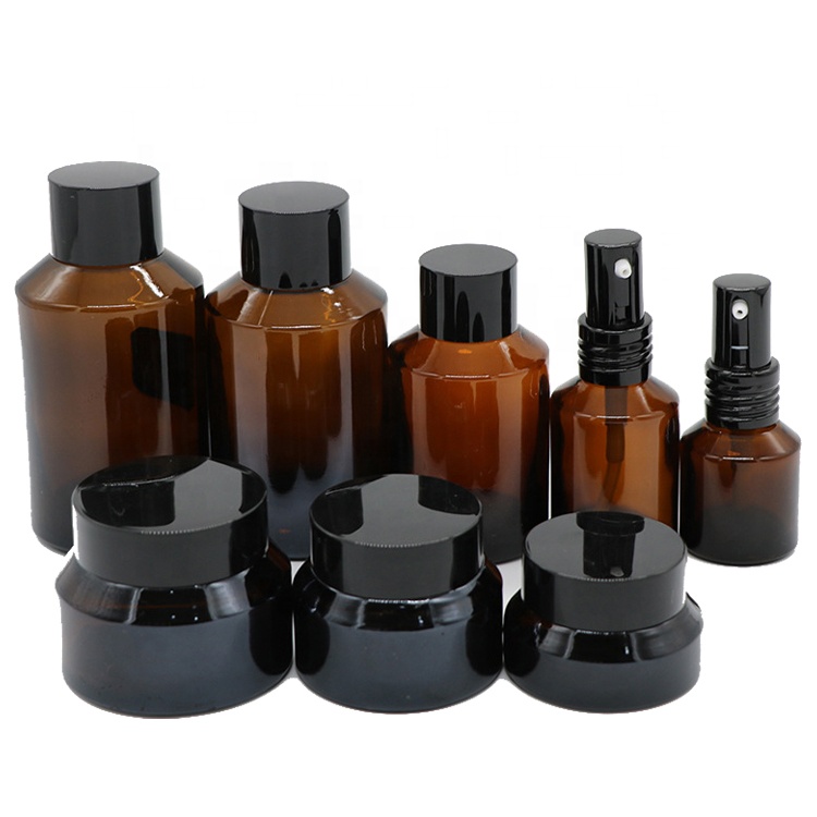high end frosted matte black cosmetic glass bottle and jar pump bottle for lotion serum cream full set
