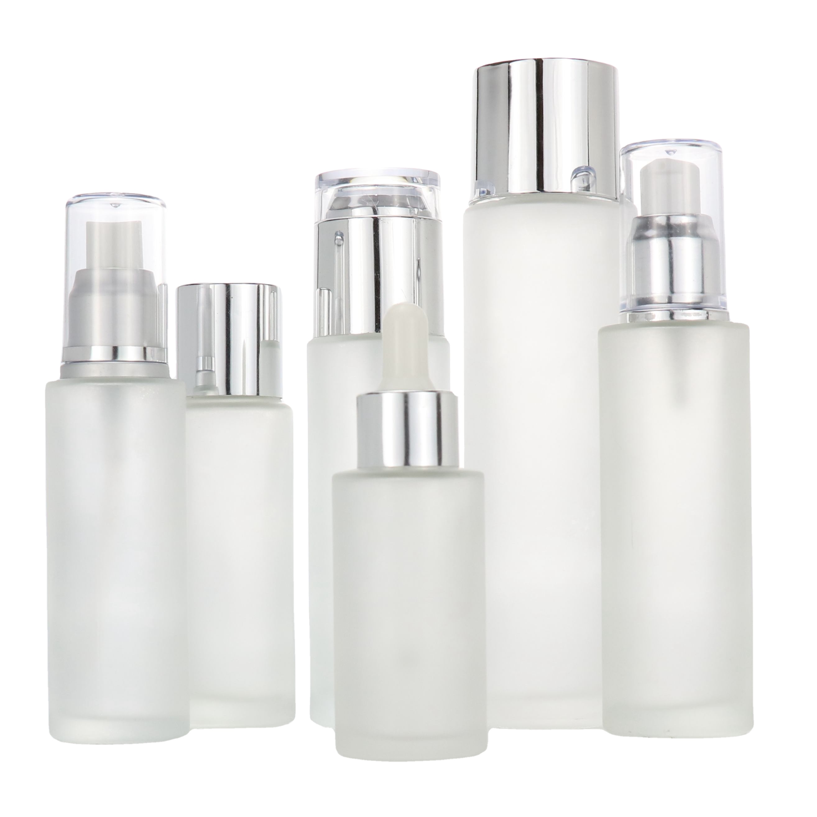 high end frosted matte black cosmetic glass bottle and jar pump bottle for lotion serum cream full set