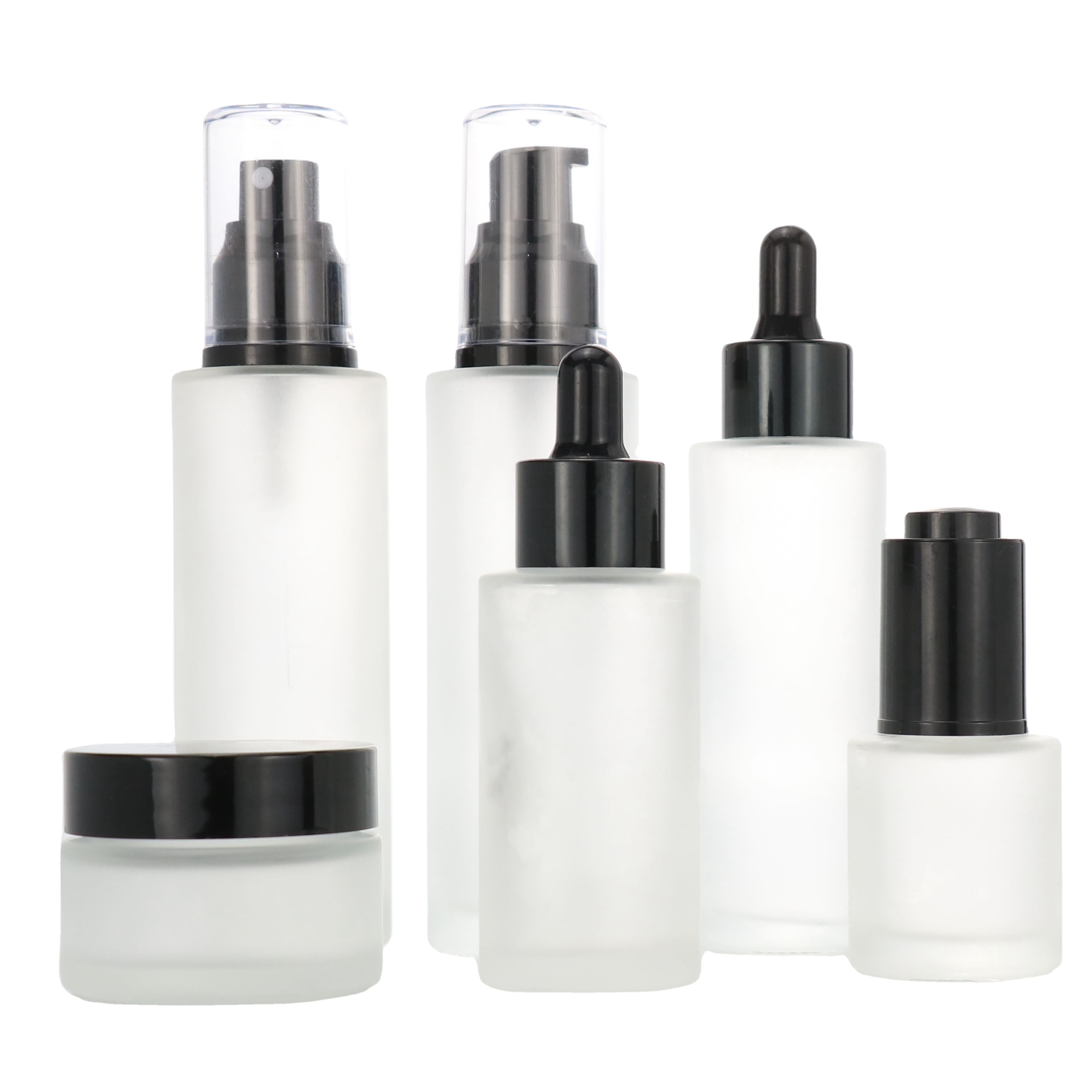 high end frosted matte black cosmetic glass bottle and jar pump bottle for lotion serum cream full set