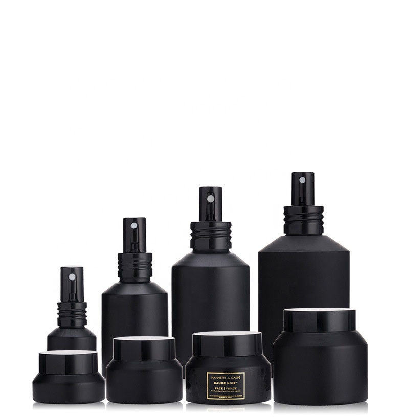 high end frosted matte black cosmetic glass bottle and jar pump bottle for lotion serum cream set