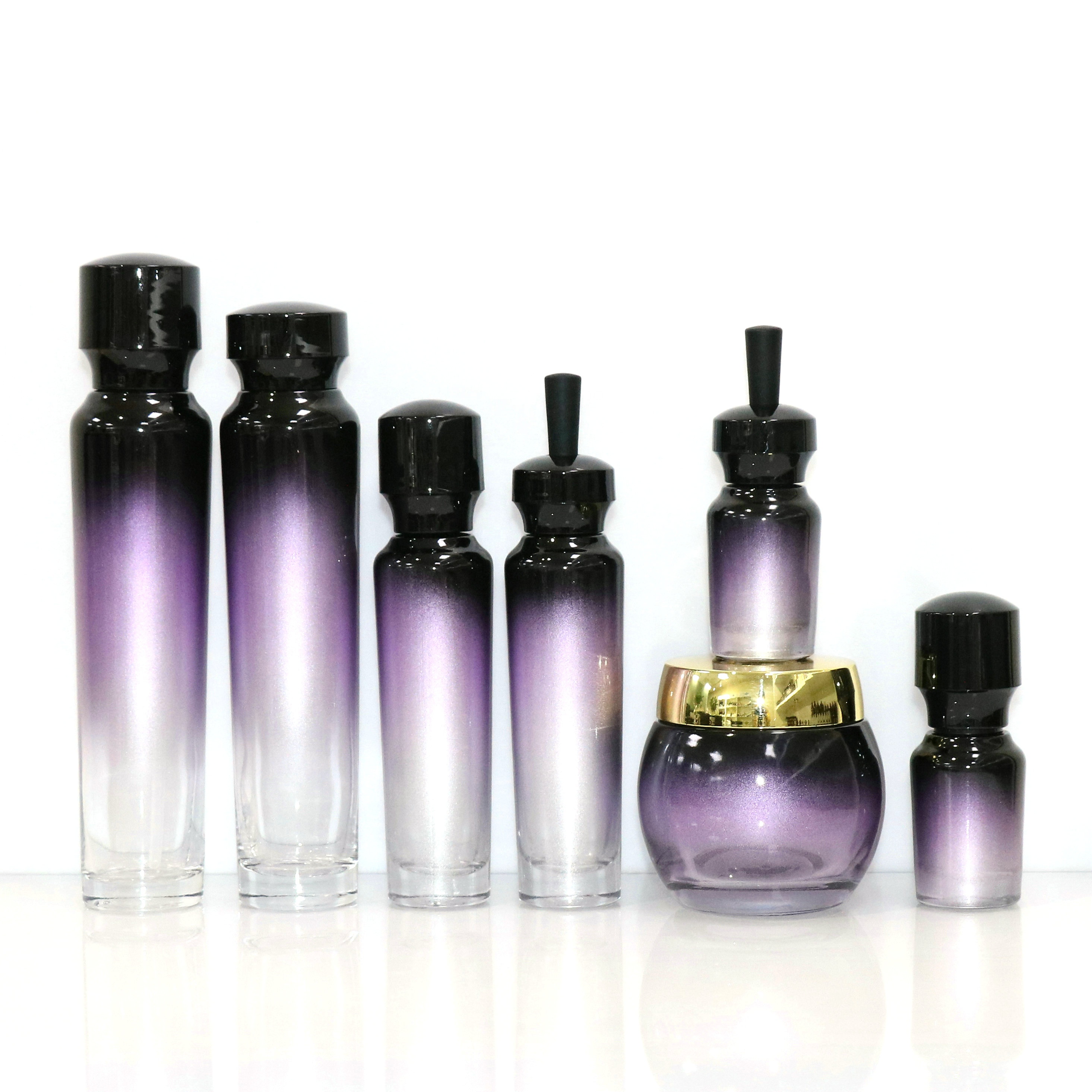 high end frosted matte purple red green cosmetic glass bottle and jar pump bottle for lotion serum cream full set