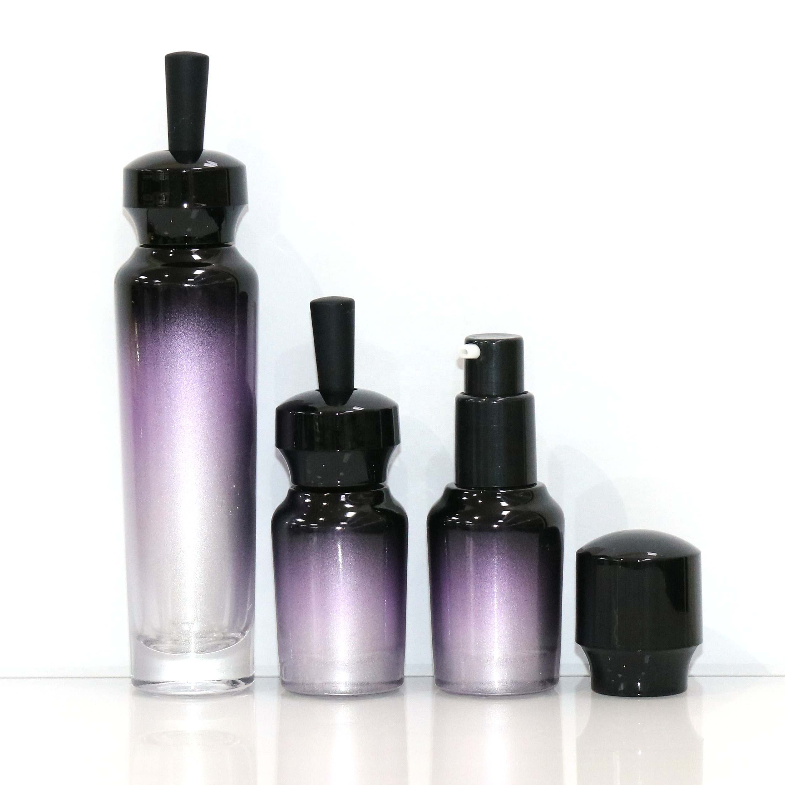 high end frosted matte purple red green cosmetic glass bottle and jar pump bottle for lotion serum cream full set